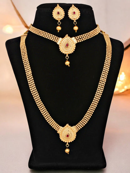 Gold Plated Traditional Double Necklace Set with Earrings For Women & Girls
