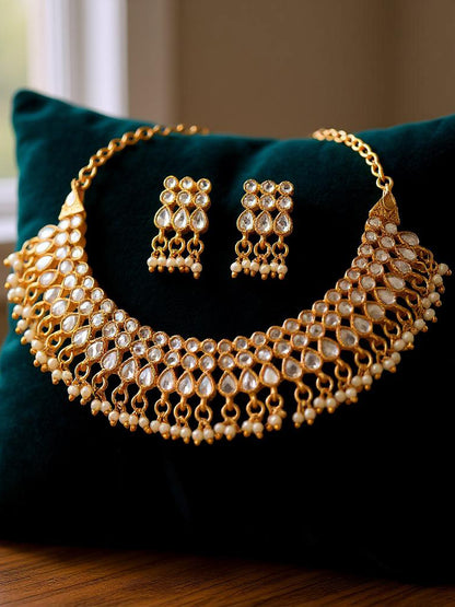 Gold Plated Beaded Choker Necklace Set with Earrings for Women and Girls
