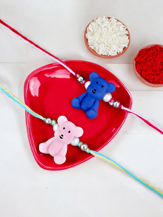 Lucky Jewellery Designer Pink and Blue Color Teddy Bear Kids Rakhi - Rakshabandhan Plastic Cute Teddy Rakhee Bracelet for Brother/Bhaiya/Bhai/Bhabhi & Kids - Pack of 2 (105-CHR1-1206-PKB-2)