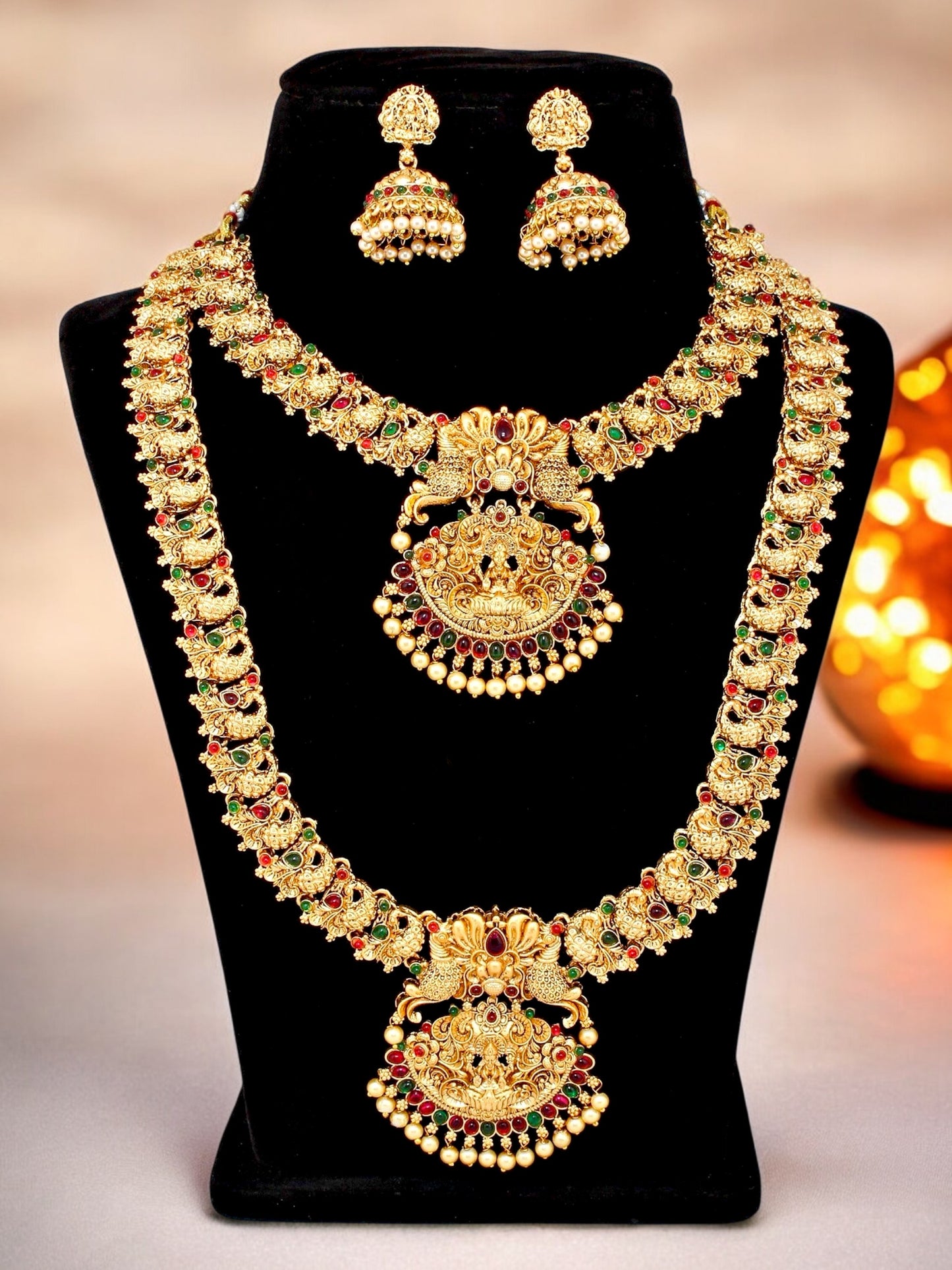 Traditional Temple Jewellery Set Goddess Lakshmi Design Necklace with Earrings