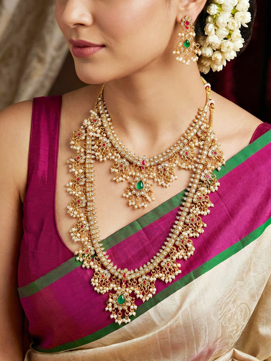 Exquisite Indian Ethnic Gold Plated 2-Piece Choker and Long Necklace Set with Pearl Tassels & Matching Earrings for Women - Premium Bridal, Wedding & Festive Wear (2063-ISR-2302-RG)
