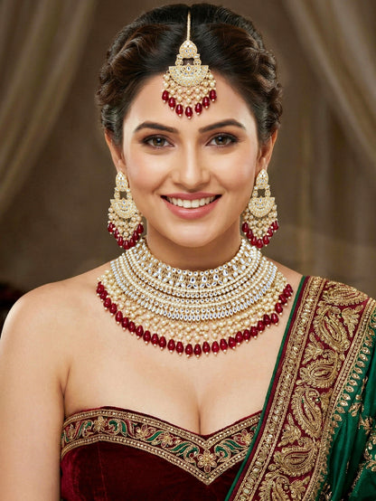Gold Plated Kundan & Pearl Maroon Stone Bridal Choker Jewellery Set with Maang Tikka (1683-ISK-855-M)
