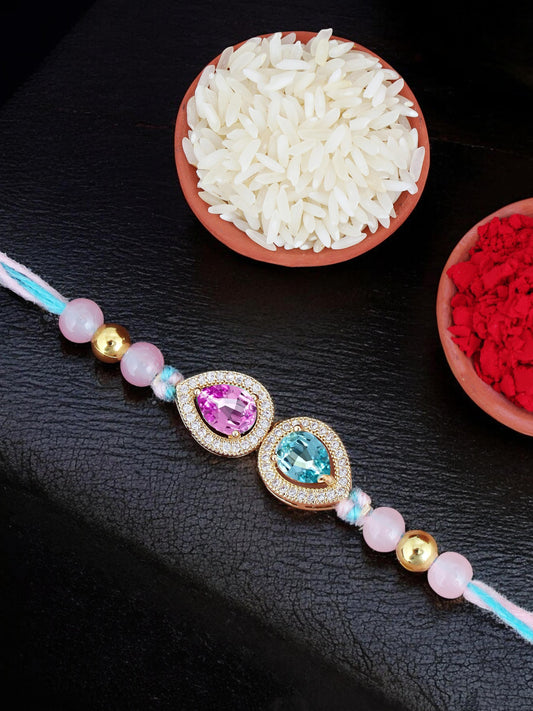 Lucky Jewellery Designer Pink & Turquoise Color Stone Rakhi - Rakshabandhan Pearl Rakhee Bracelet for Brother/Bhaiya/Bhai/Bhabhi - Pack of 1 (176-CHR1-1279-PKF-1)