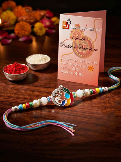 Traditional Silver-Tone Meenakari Peacock Beaded Rakhi For Brother With Roli Chawal & Card (102-S5R1-AR2786)