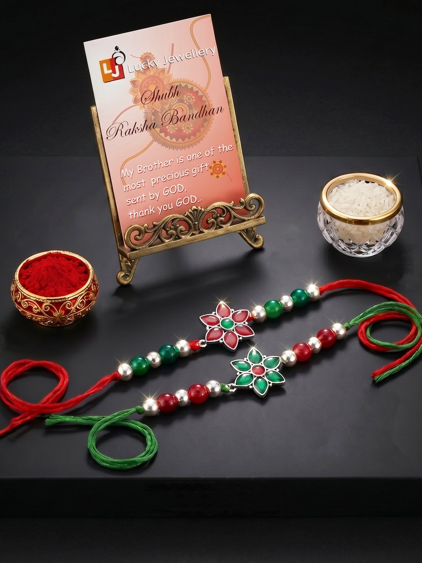 Set of 2 Floral Rakhi for Brother with Maroon & Green Enamel, Beads, Roli Chawal & Card (102-JPR1-1970-S-2-2026)