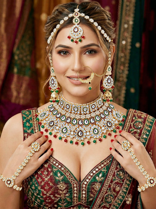 Bridal Kundan Multicolor Heavy Choker Jewellery Set with Hathphool & Nath (2640-IZK-551-MG)