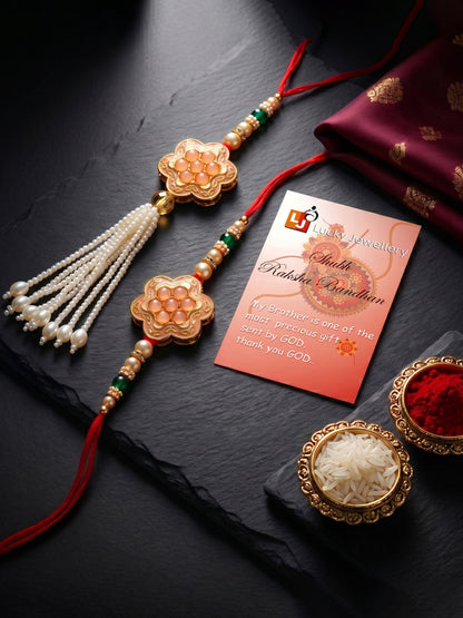 Set of 2 Bhaiya Bhabhi Rakhi Set with Floral Peach Pendant, Green & Gold Beads, Tassel Lumba (130-JPCR1-1857-PH-2-2026)