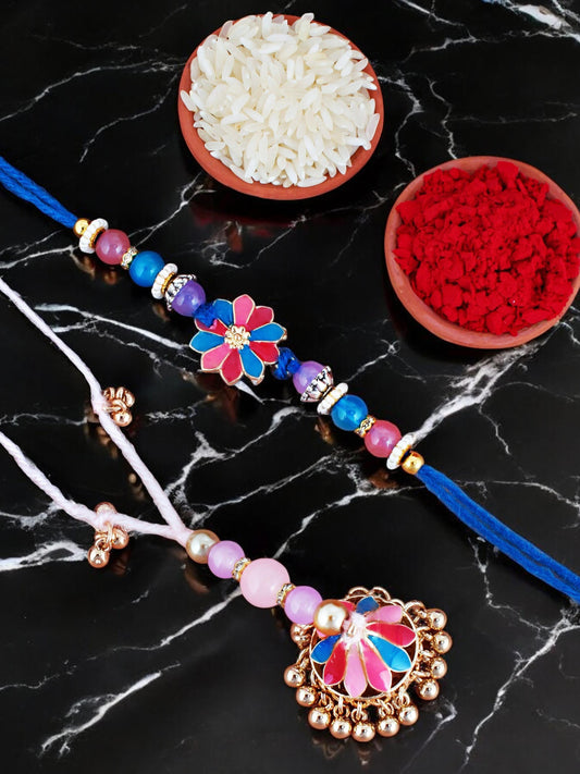 Lucky Jewellery Designer Gold Plated Pink & Turquoise Color Meenakari Rakhi - Rakshabandhan Rakhee with Tasseled Lumba Bracelet for Brother Bhaiya Bhai Bhabhi - Pack of 2 (240-CHCR1-1146-PKB-2)