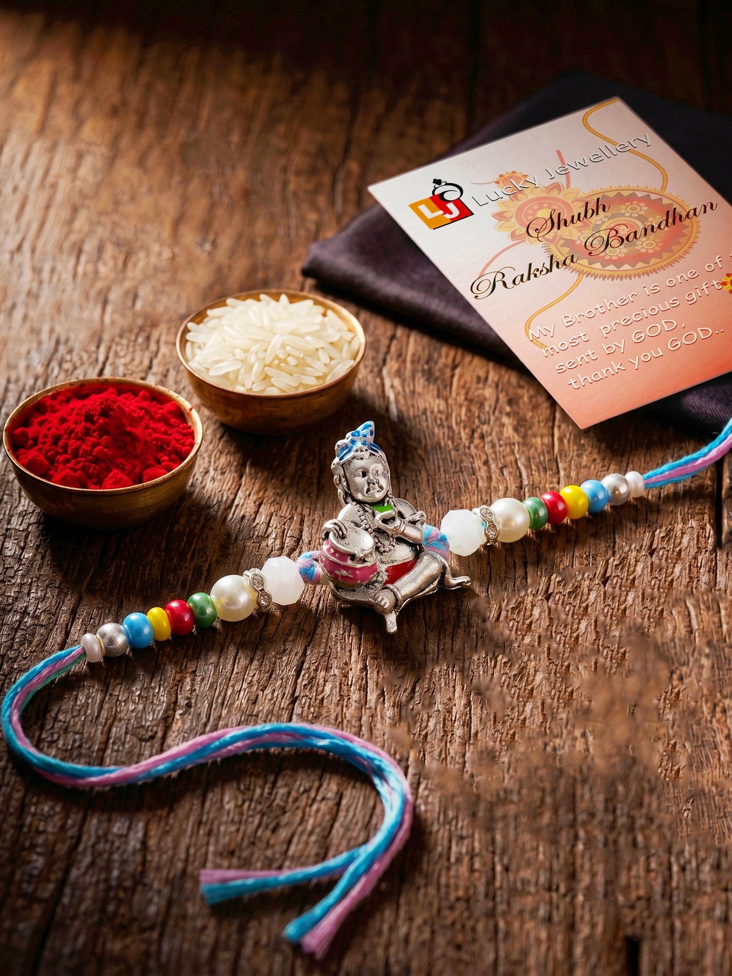 Silver-Tone Bal Gopal Makhan Chor Beaded Rakhi For Brother With Roli Chawal &  Card (102-S5R1-AR2727)