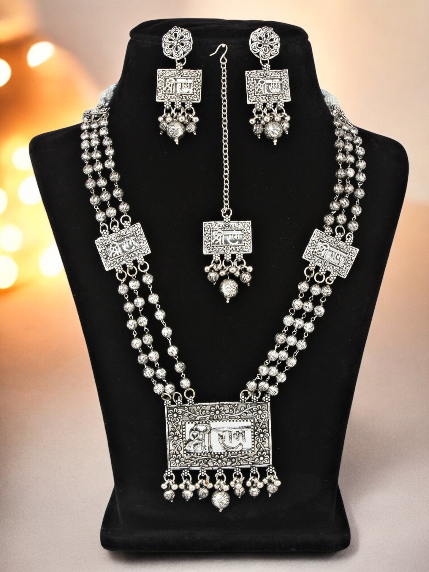 Oxidised Silver Plating Temple Jewellery Long Necklace Set for Women & Girls