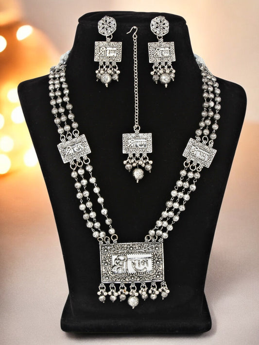 Oxidised Silver Plating Temple Jewellery Long Necklace Set for Women & Girls