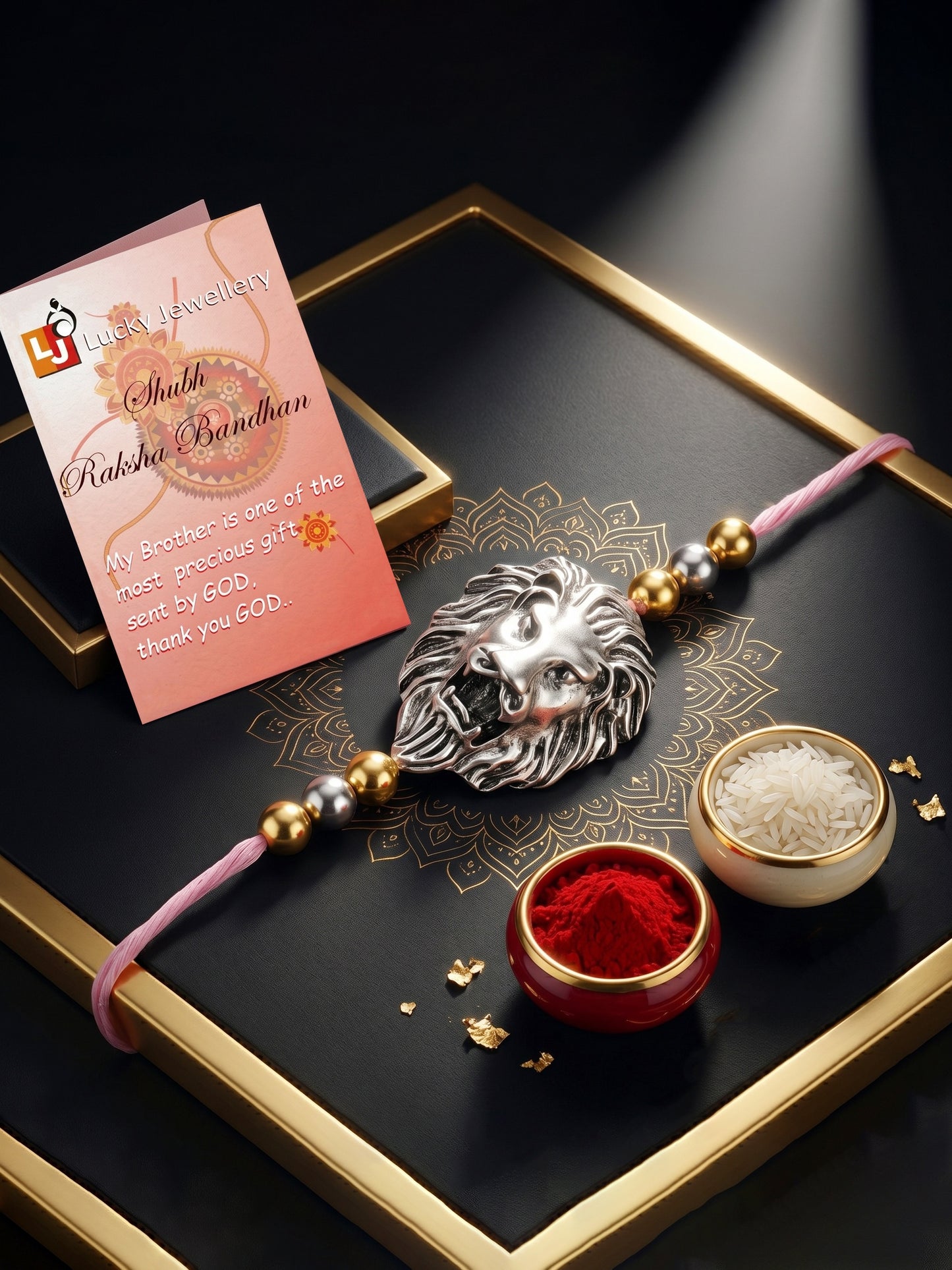Silver Lion Pendant Rakhi for Brother with Metallic Beads, Roli Chawal & Card (140-CHR1-1175-S-1-2026)