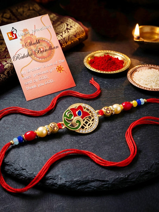 Designer Floral Enamel Multicolour Beaded Rakhi For Brother With Roli Chawal & Card (72-S5R1-AR2919)