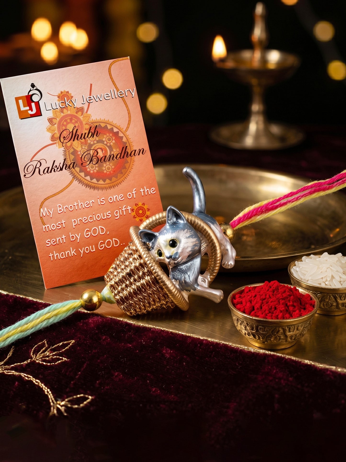 Kids Cute Kitten in Basket Rakhi for Brother with Metallic Beads, Roli Chawal & Card (225-CHR1-1314-1-2026)
