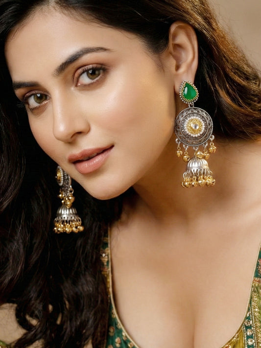LUCKY JEWELLERY Dual Tone Oxidized Silver Jhumka Earrings with Green Stone & Golden Ghungroo | Kashmiri Style Traditional Jhumki Earrings for Girls & Women | Festive & Gift Wear
