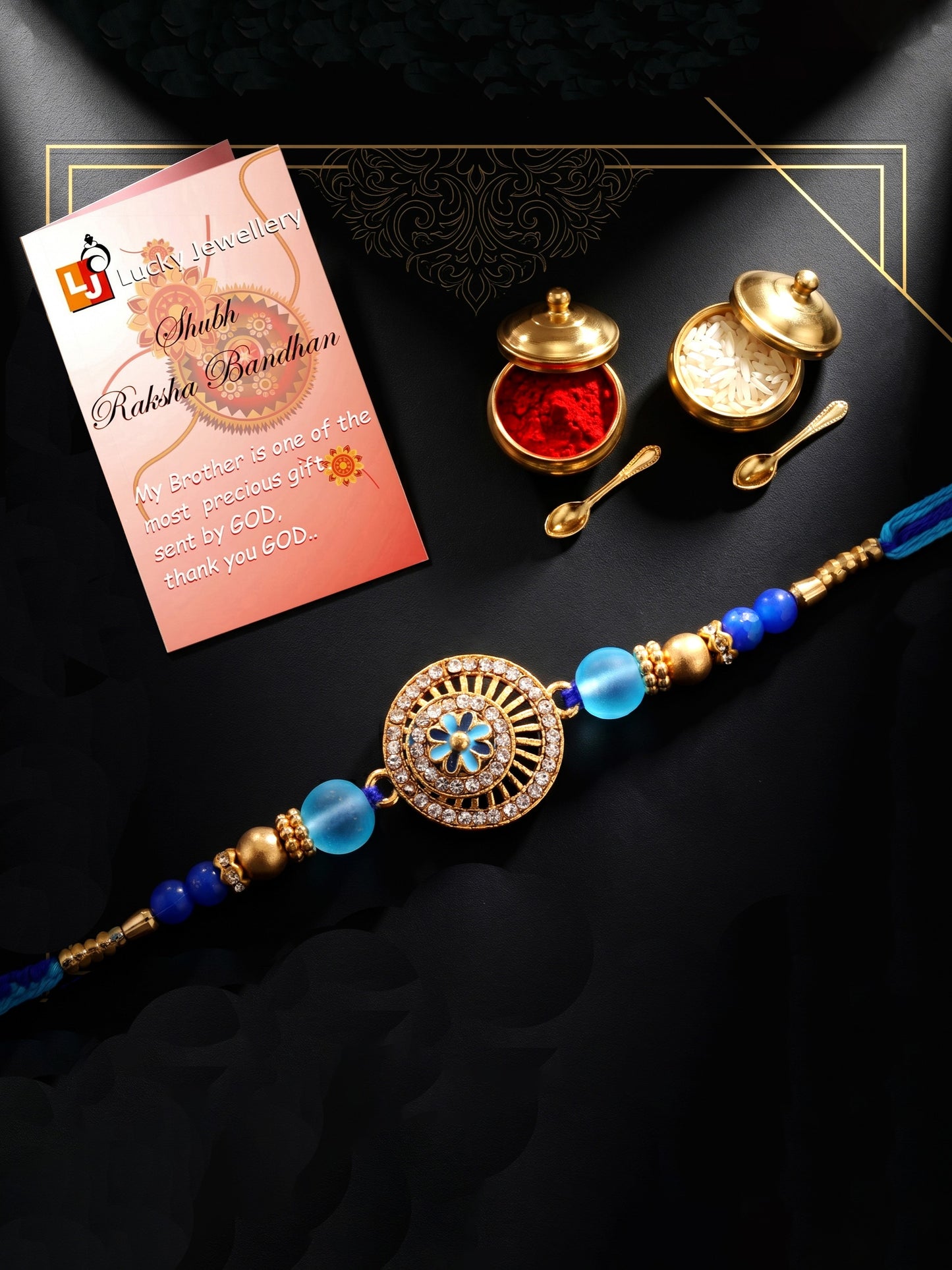 Designer Evil Eye Rakhi for Brothers with Roli Chawal & Card | Gold-Tone Crystal Studded Floral Set (109-S7R1-EA4107)
