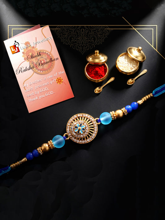 Designer Evil Eye Rakhi for Brothers with Roli Chawal & Card | Gold-Tone Crystal Studded Floral Set (109-S7R1-EA4107)