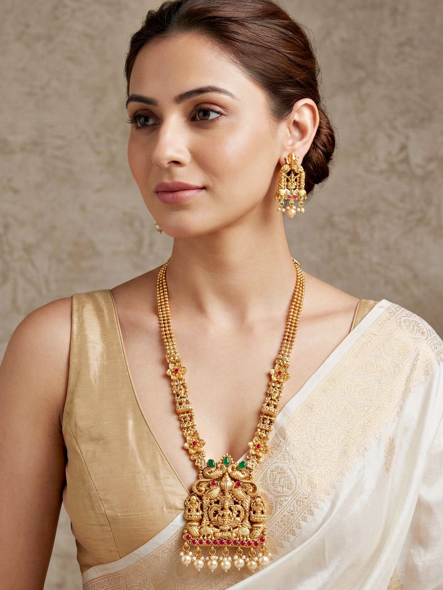 Lucky Jewellery Gold-Plated Ganesh Laxmi Ruby & Green Color Necklace Set (660-G2SR-200-RG)