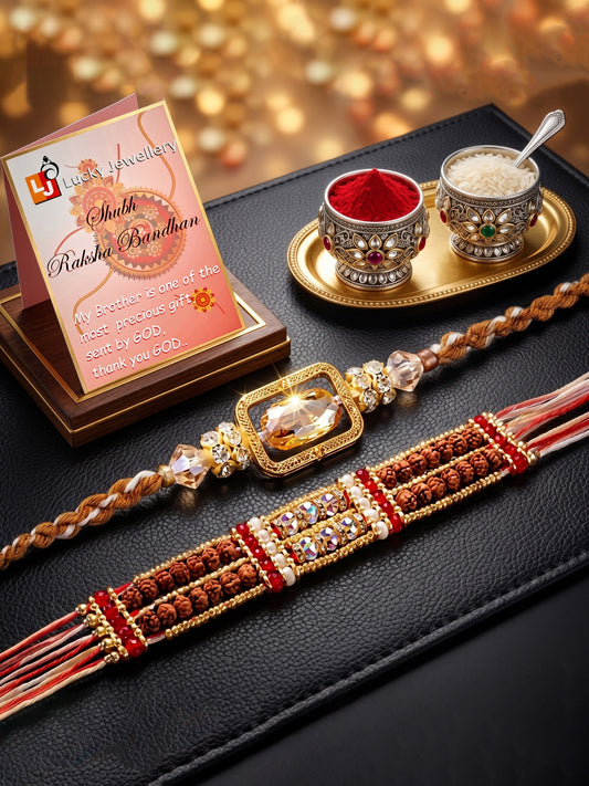 Designer Combo of 2 Rectangular Centerpiece Stone & Rudraksha Style Rakhi by Lucky Jewellery with Red Accents, Roli & Chawal (174-S7R1-2315-2)