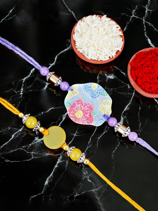 Lucky Jewellery Designer Plastic Floral Rakhi - Rakshabandhan Multi Color Rakhee Bracelet for Brother/Bhaiya/Bhai/Bhabhi - Pack of 2 (155-CHR1-1207-2)