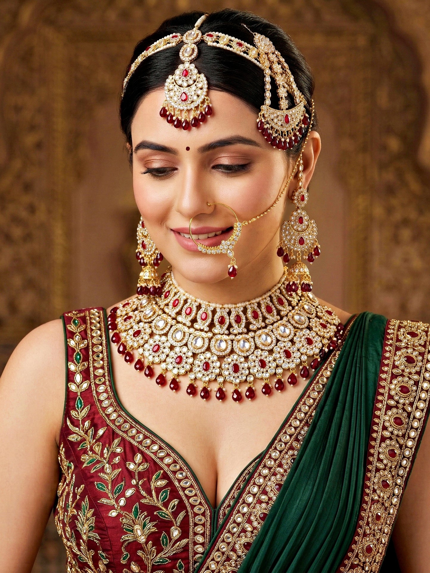 Bridal AD Maroon Stone Heavy Choker Jewellery Set with Sheesh Patti, Nath & Jhumka (3300-M8ZK-1104-M)