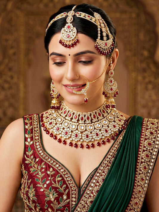 Bridal AD Maroon Stone Heavy Choker Jewellery Set with Sheesh Patti, Nath & Jhumka (3300-M8ZK-1104-M)