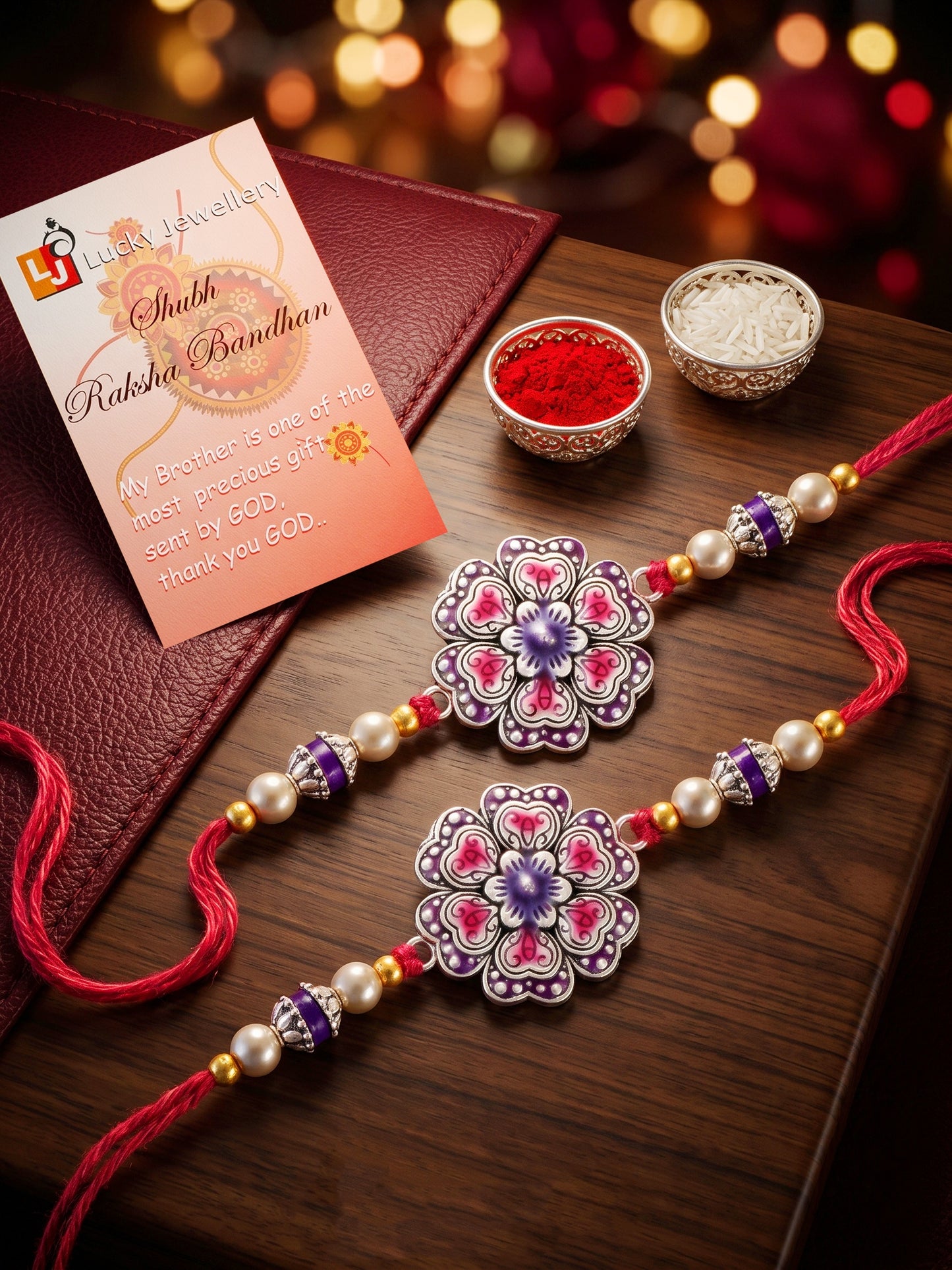 Set of 2 Magenta Floral Rakhi for Brother with Purple Accents, Beads, Roli Chawal & Card (108-CHR1-1966-P-S-2-2026)