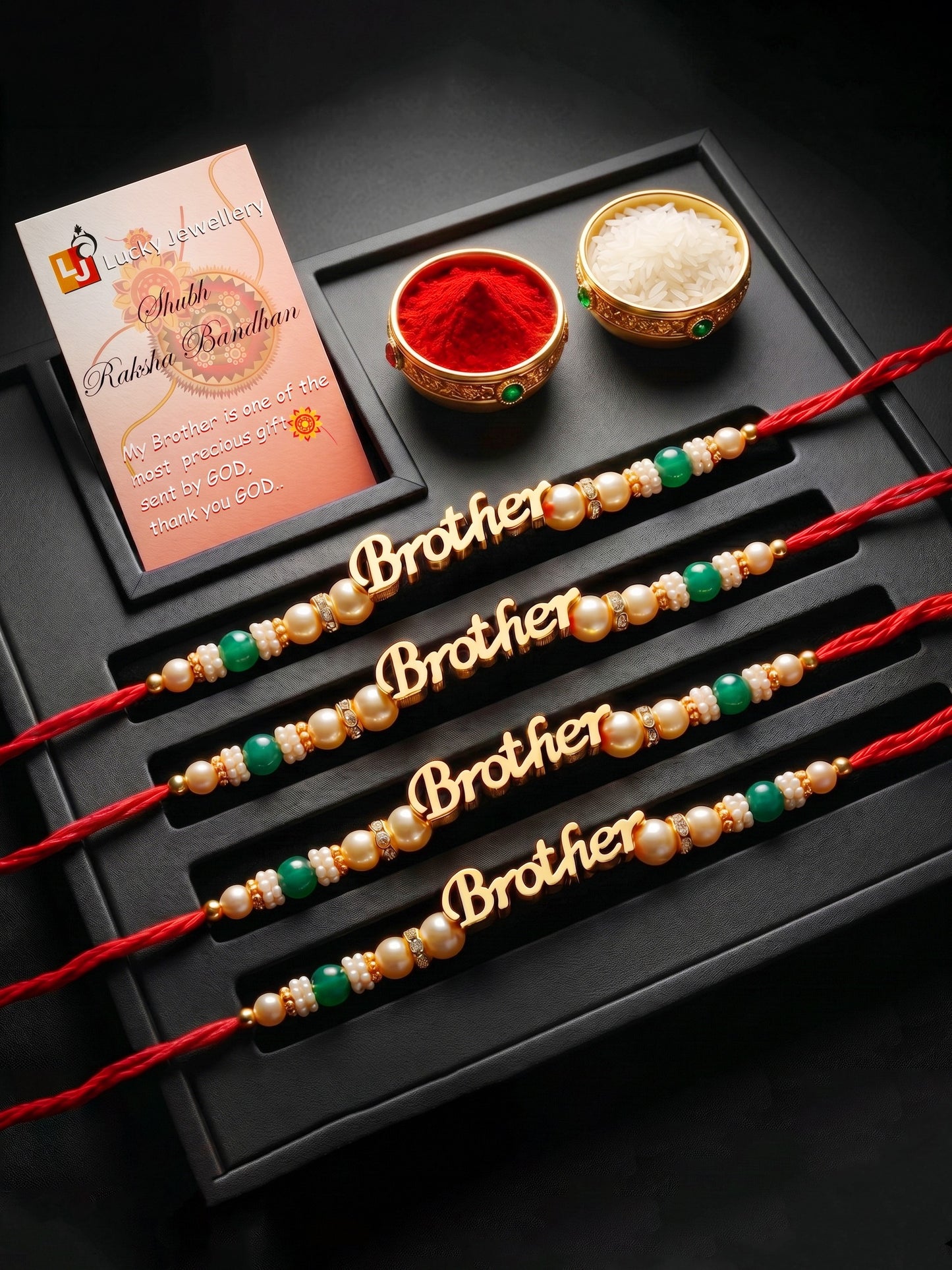 Set of 4 Gold Brother Text Rakhi with Green Beads, Roli Chawal & Card (102-CHR1-1964-4-2026)