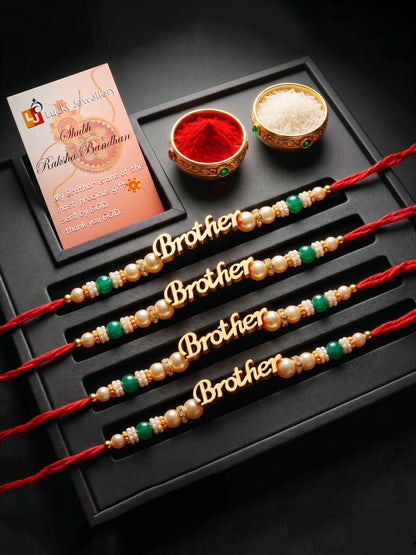 Set of 4 Gold Brother Text Rakhi with Green Beads, Roli Chawal & Card (102-CHR1-1964-4-2026)