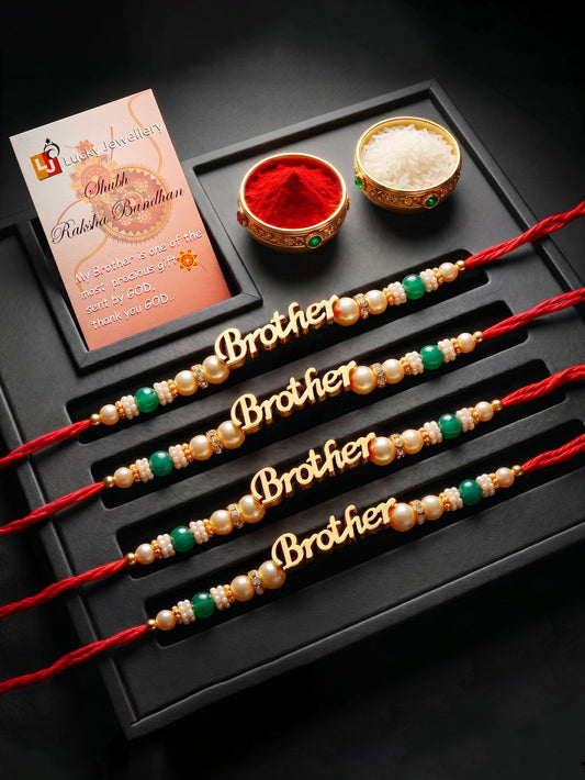 Set of 4 Gold Brother Text Rakhi with Green Beads, Roli Chawal & Card (102-CHR1-1964-4-2026)