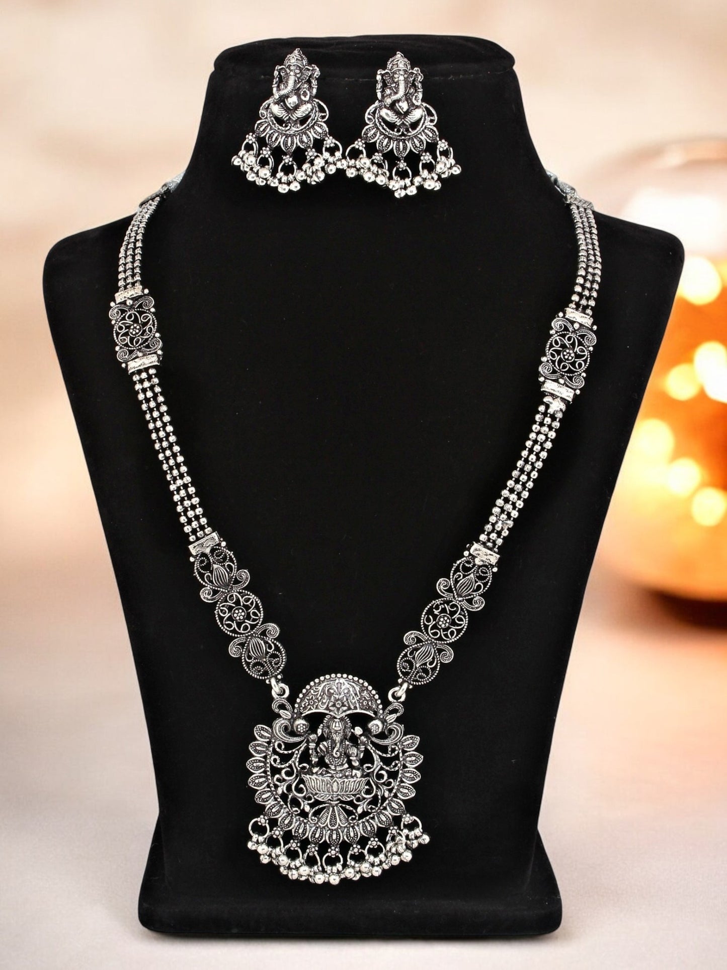 Oxidised Silver Lord Ganesha Temple Jewellery Necklace Set with Earrings