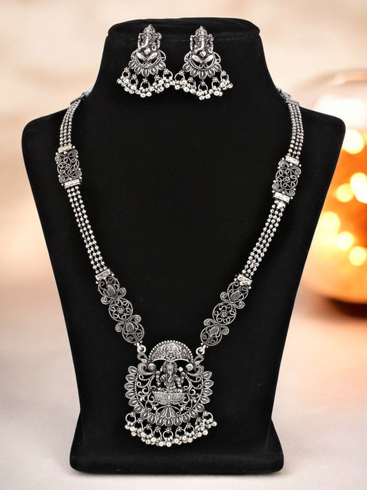 Oxidised Silver Lord Ganesha Temple Jewellery Necklace Set with Earrings