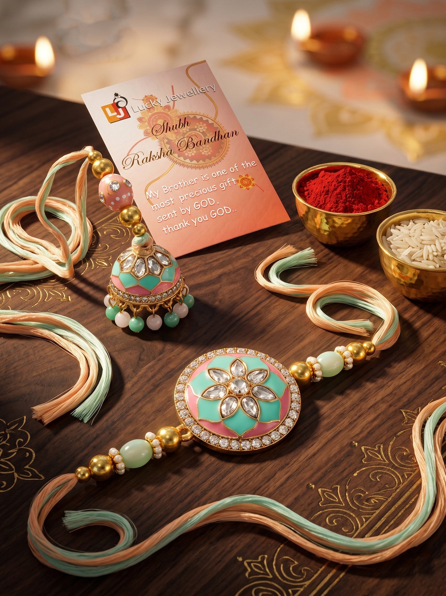 Set of 2 Pastel Green & Pink Bhaiya Bhabhi Rakhi Set, Kundan Floral Lumba with Beads, Roli, Chawal (325-CHCR1-1152-PKMNT-2-2026)