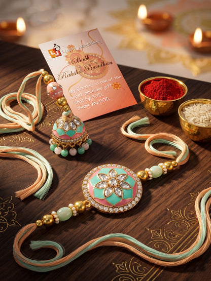 Set of 2 Pastel Green & Pink Bhaiya Bhabhi Rakhi Set, Kundan Floral Lumba with Beads, Roli, Chawal (325-CHCR1-1152-PKMNT-2-2026)
