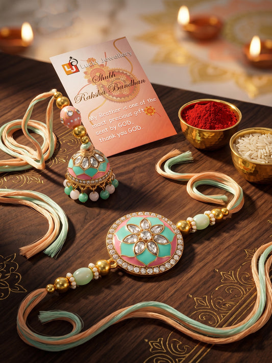 Set of 2 Pastel Green & Pink Bhaiya Bhabhi Rakhi Set, Kundan Floral Lumba with Beads, Roli, Chawal (325-CHCR1-1152-PKMNT-2-2026)