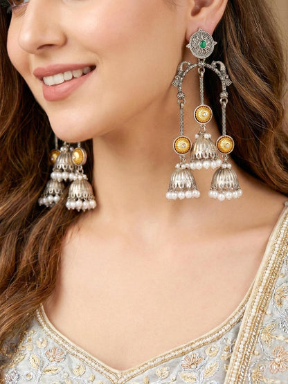 LUCKY JEWELLERY Oxidised Silver & Gold Kashmiri Jhumka Earrings with Ruby & Green Beads (654-KEO-20825-G-SG)