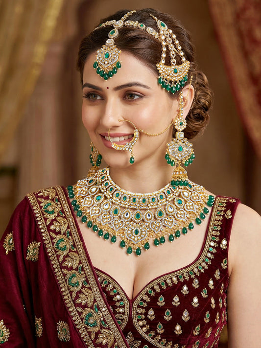 Bridal AD Green Stone Heavy Choker Jewellery Set with Jhumka & Nath (3300-M8ZK-1102-G)