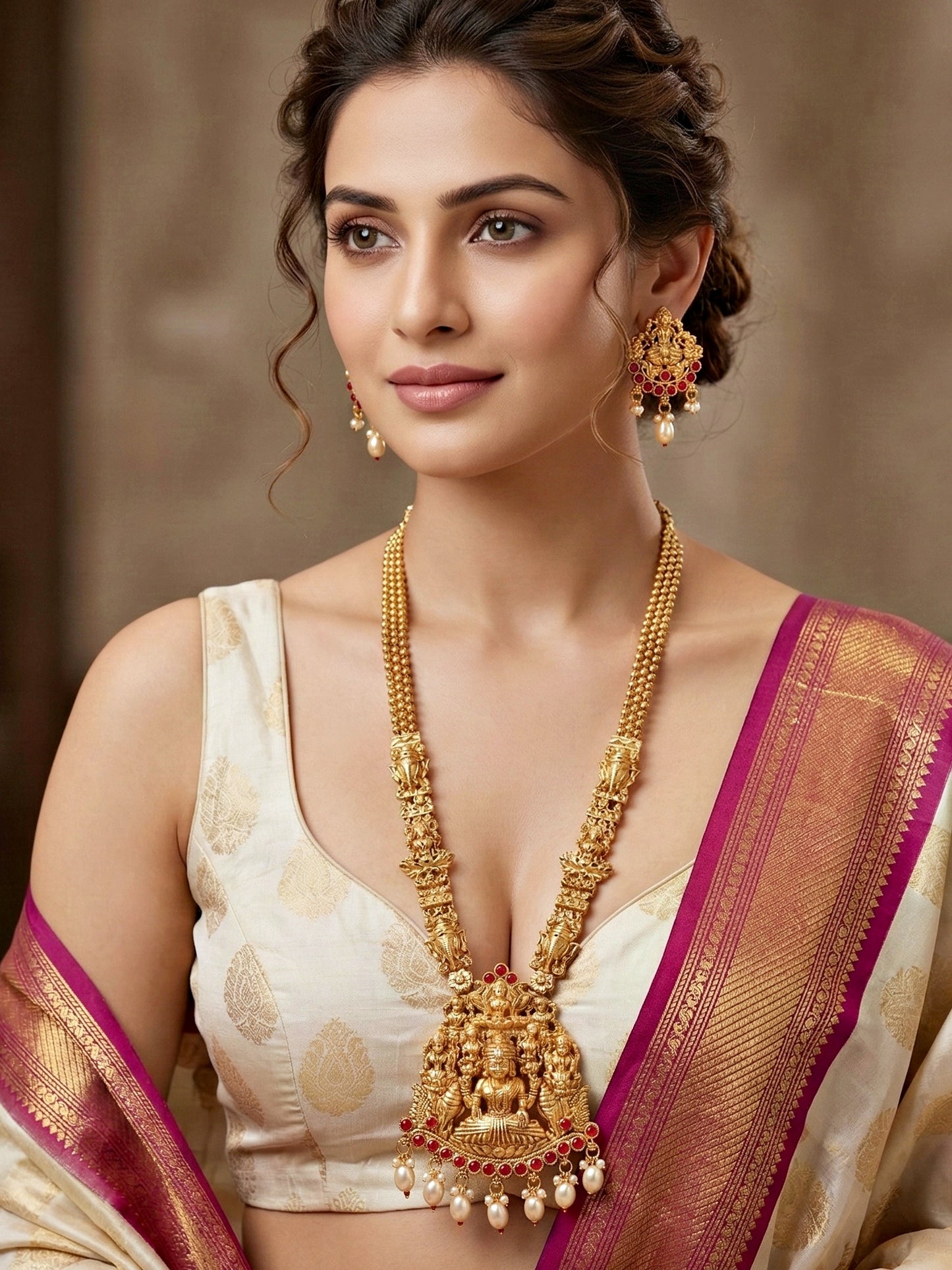 Lucky Jewellery Gold-Plated Laxmi Idol Temple Ruby Color Necklace Set (660-G2SR-196-R)
