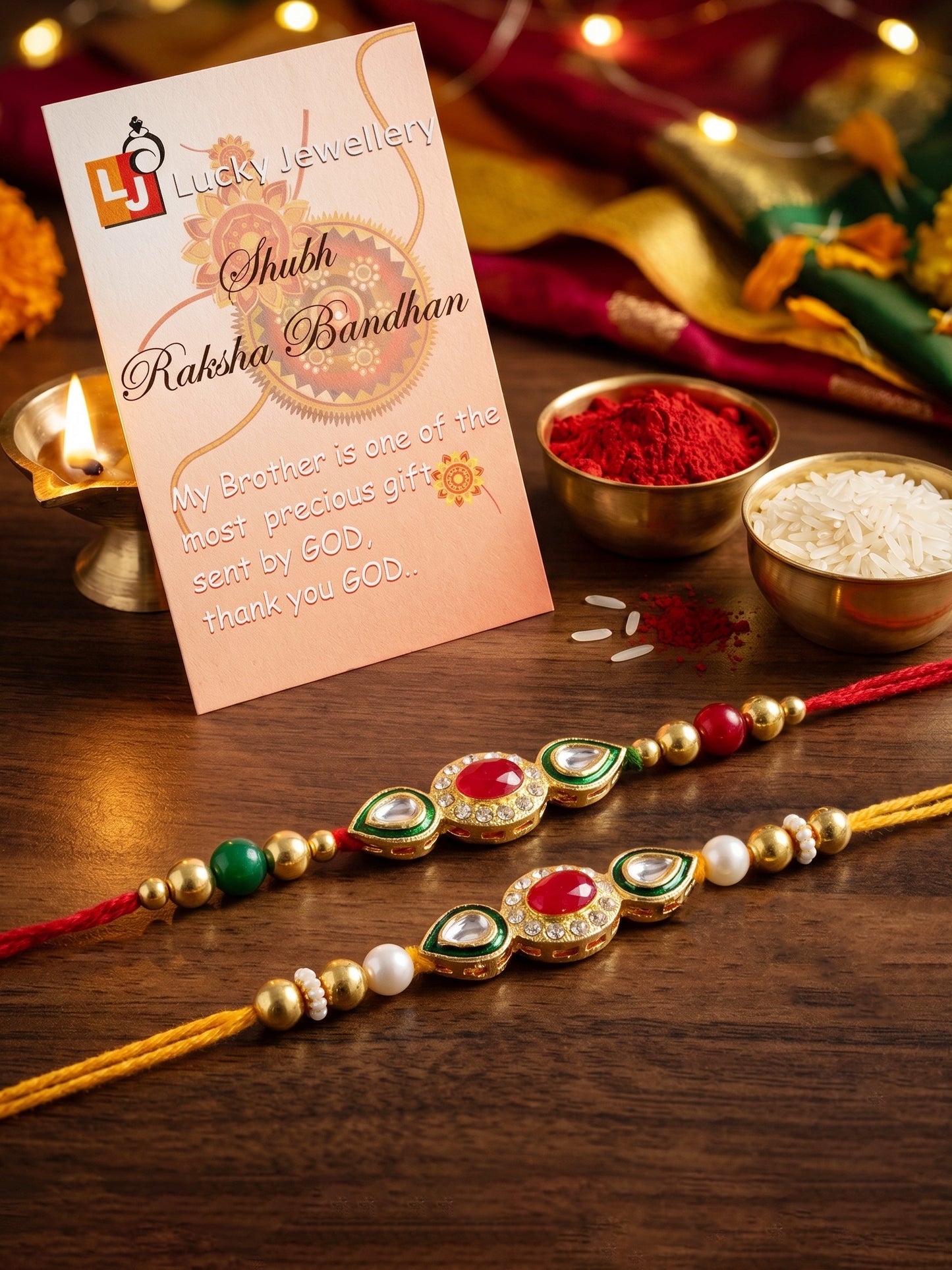 Set of 2 Designer Kundan Rakhi for Brother with Maroon, Clear Crystals, Roli Chawal & Card (98-J5R1-1977-2-2026)