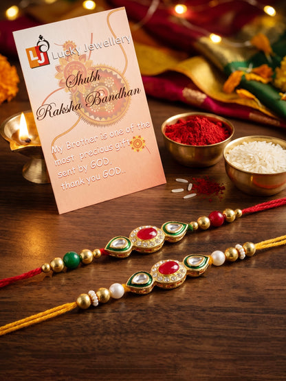 Set of 2 Designer Kundan Rakhi for Brother with Maroon, Clear Crystals, Roli Chawal & Card (98-J5R1-1977-2-2026)