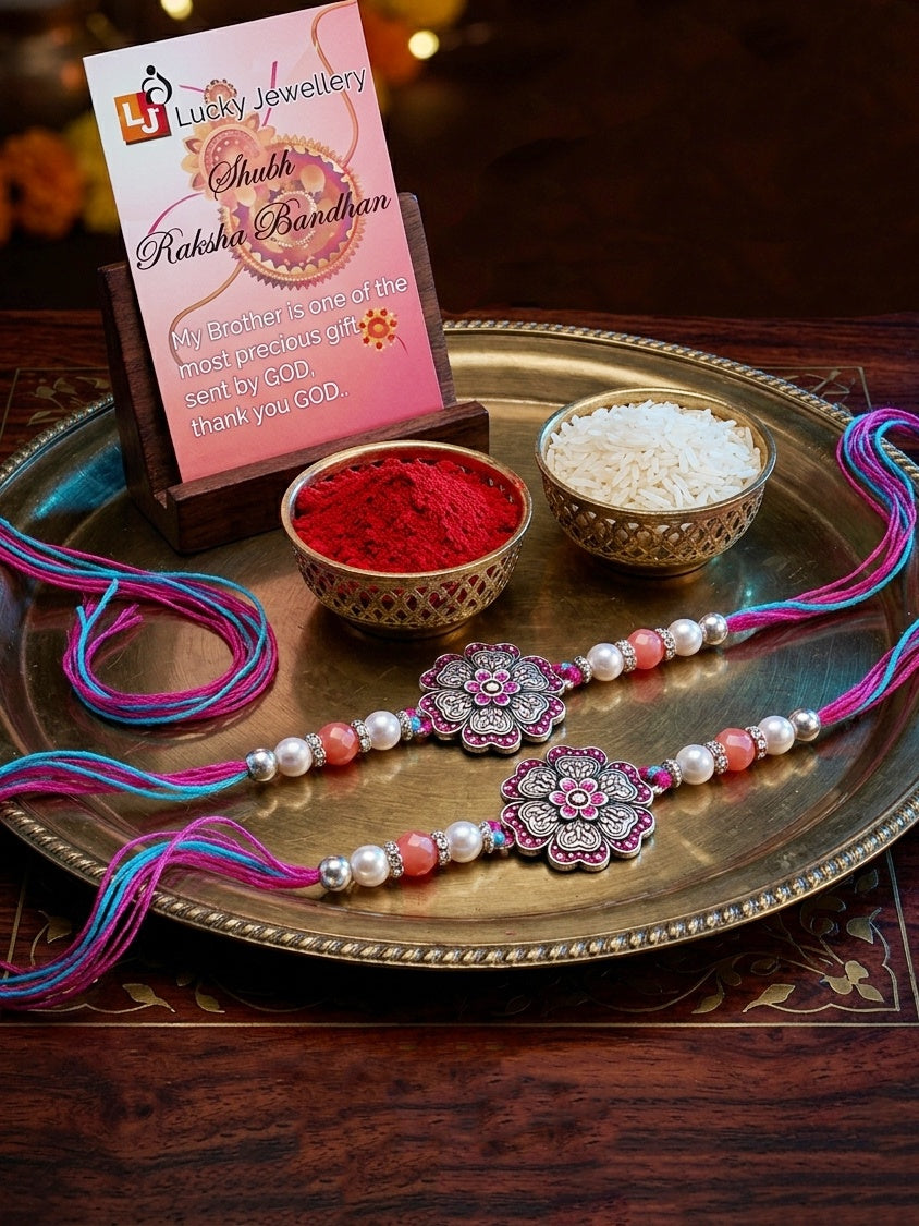 Set of 2 Magenta Floral Rakhi for Brother with pink Accents, Beads, Roli Chawal & Card (108-CHR1-1966-R-S-2-2026)