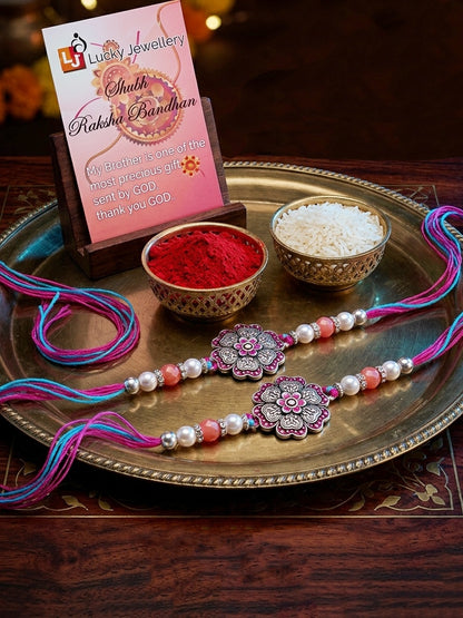 Set of 2 Magenta Floral Rakhi for Brother with pink Accents, Beads, Roli Chawal & Card (108-CHR1-1966-R-S-2-2026)