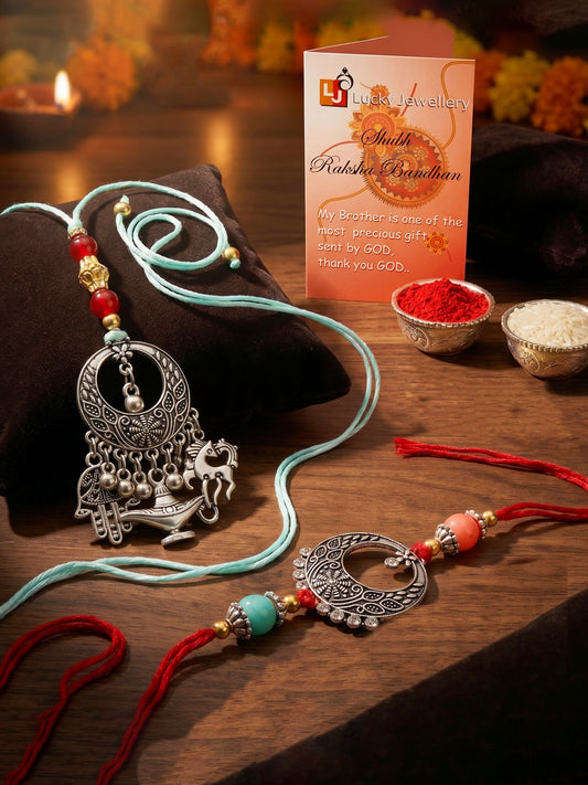 Set of 2 Bhaiya Bhabhi Rakhi Set with Maroon Beads, Silver Charms, Roli Chawal & Card (109-CHCR1-1968-2-2026)