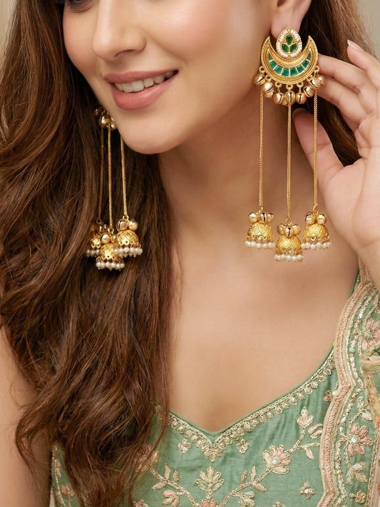 LUCKY JEWELLERY Gold-Plated Kashmiri Earrings with Green Stone, Triple Chain Layer & Triple Jhumka Drops | Chandbali Style Earring Set for Girls & Women | Wedding, Festival & Gift Wear