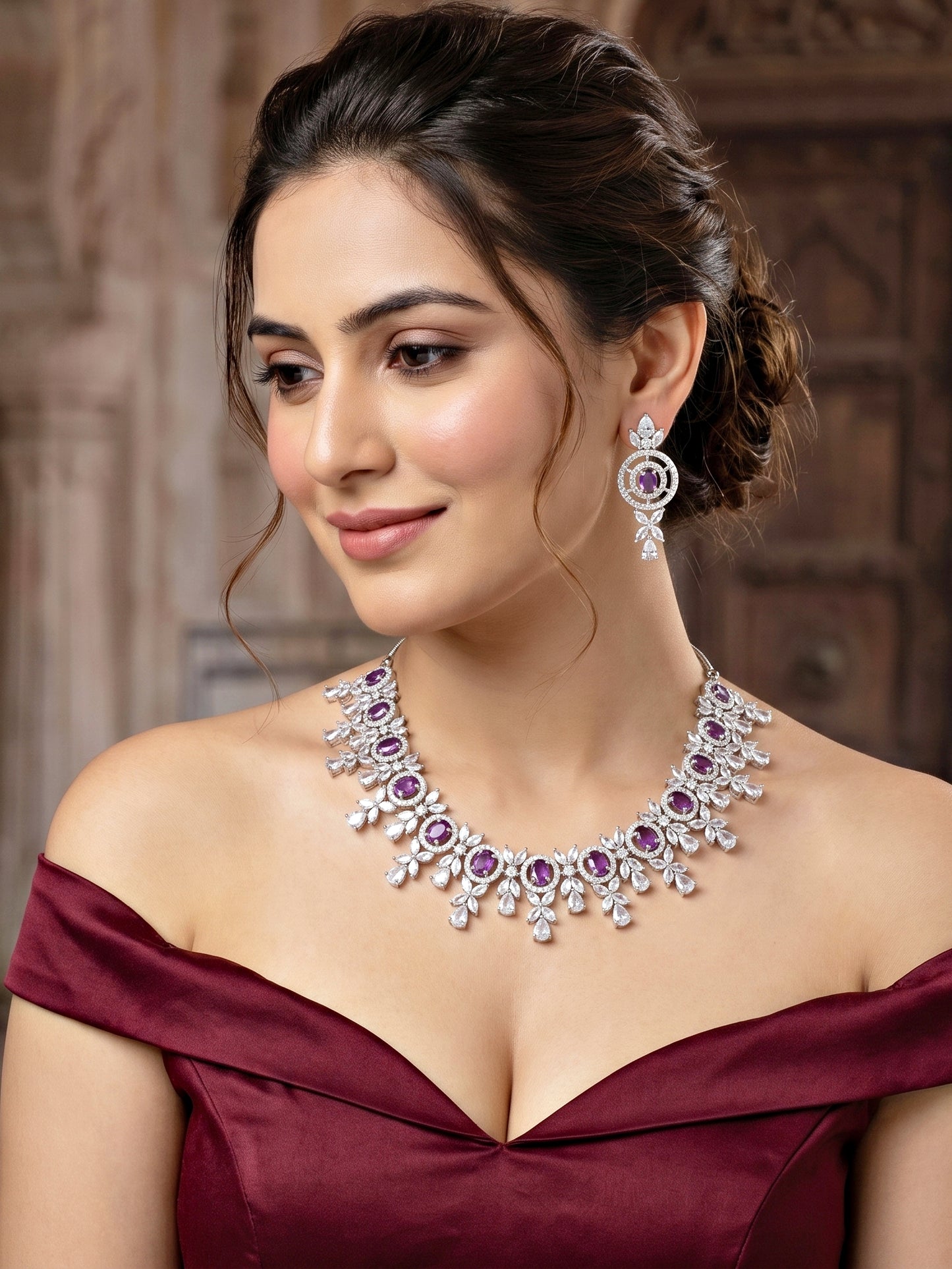 Silver-Tone Purple Stone & American Diamond Necklace Set with Earrings for Women – Office, Party & Function Wear (1717-K4SA-2242-P-S)