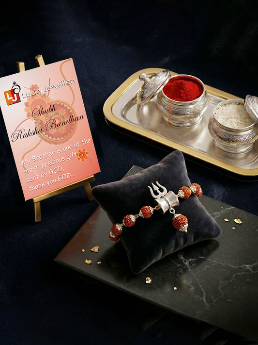 Spiritual Trishul Rakhi Bracelet for Brother with Rudraksha Beads, Gold Chain Clasp, Roli Chawal (108-JPR1-1972-S-1-2026)