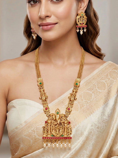 Lucky Jewellery 18K Gold-Plated Ram Parivar Ruby & Green Color Necklace Set (660-G2SR-195-RG)