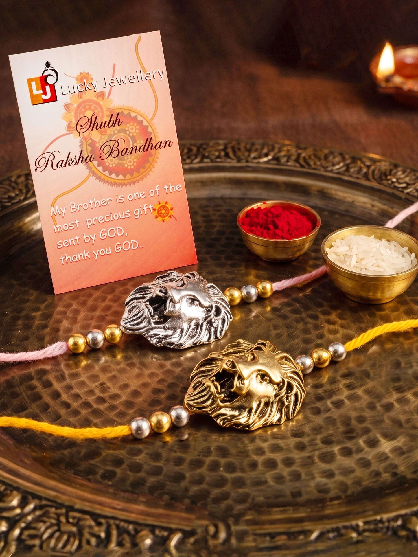Lion Face Rakhi Set of 2 for Brothers With Metallic Gold & Silver Charm with Beaded, Roli, Chawal (250-CHR1-1175-2-2026)