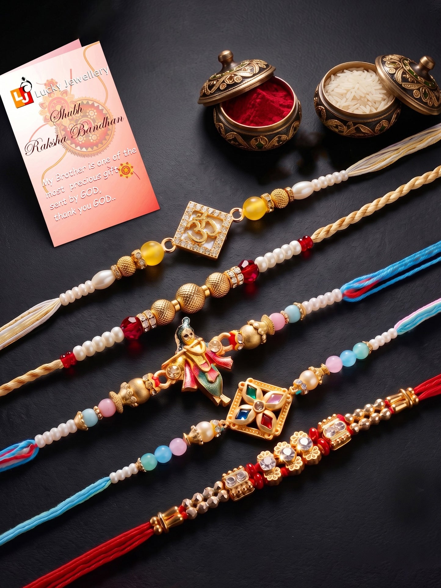 Lucky Jewellery Set of 5 Designer Beaded Rakhi for Brother | Golden Om & Krishna Raksha Bandhan Combo with Roli, Chawal & Card (259-S7R1-2320-5)