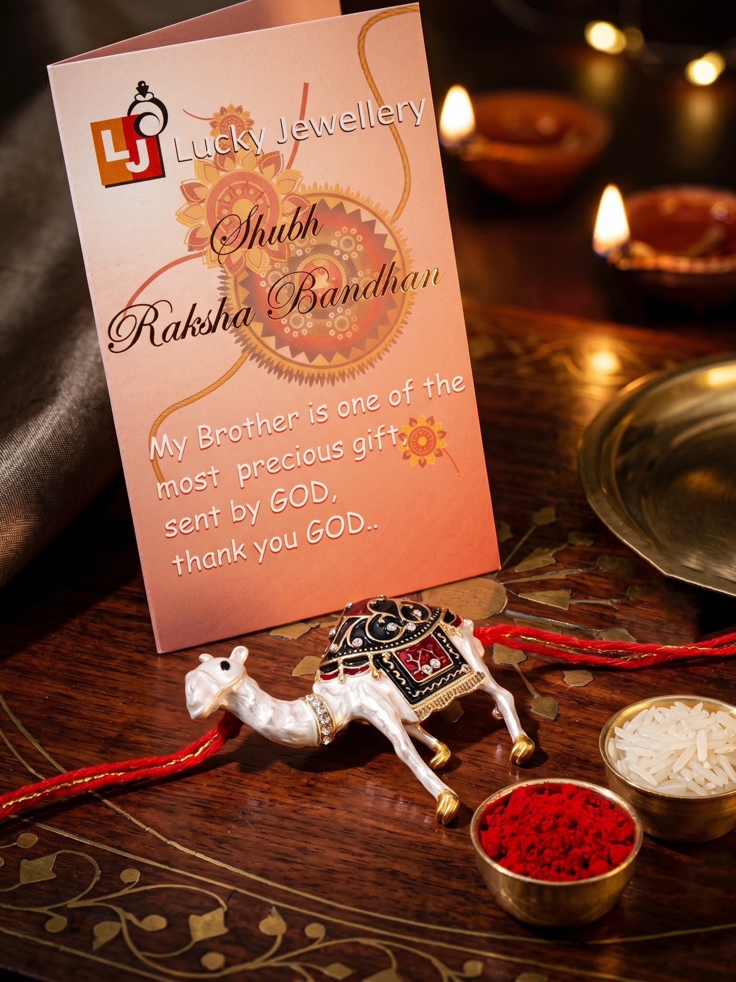 Designer Meenakari Camel Rakhi for Brother, Roli, Chawal & Card (263-CHR1-1171-1-2026)